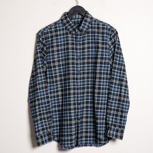 Club Monaco Mens Small Flannel Button Down Shirt Plaid Blue Black Checker